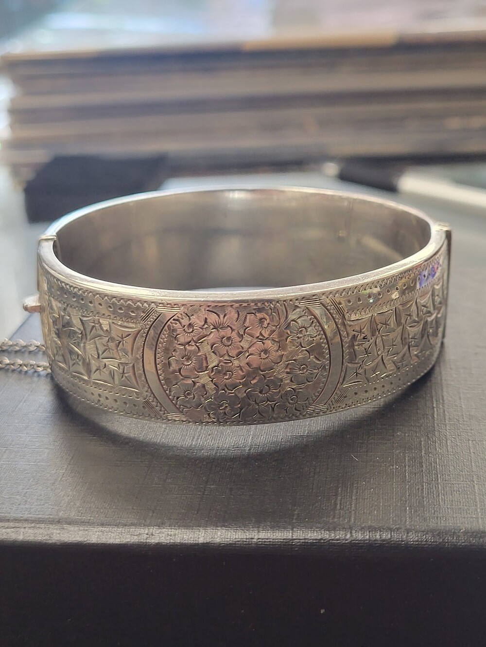 Birks Sterling Silver Engraved Hinged Bangle